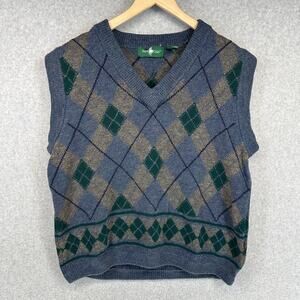 Vintage Hunt Club Sweater Vest Mens Size Medium Blue Argyle Diamond V-Neck Knit